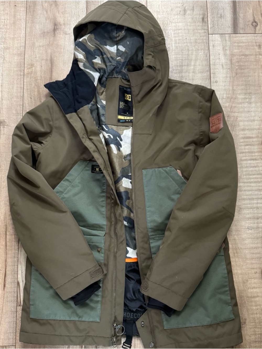 DC Men's Olive Green Hooded Snow Jacket with Camo Lining